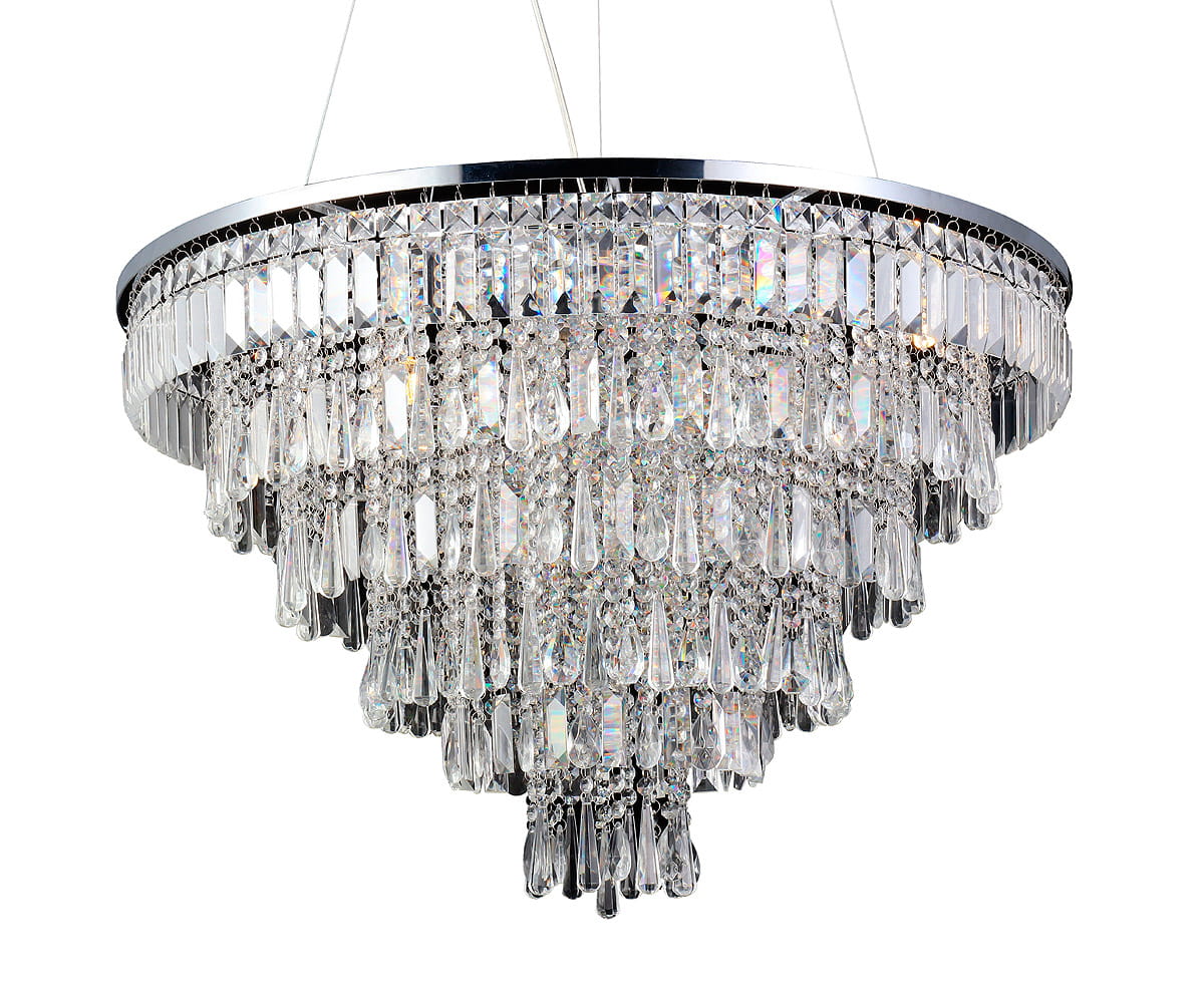 Lampa wisząca Kalabria 12-punktowa w kształcie okrągłym, z chromowanym wykończeniem. Ozdobiona przezroczystymi kryształami w formie kropli, tworzącymi elegancką i efektowną kompozycję. Wisi na cienkich linkach.