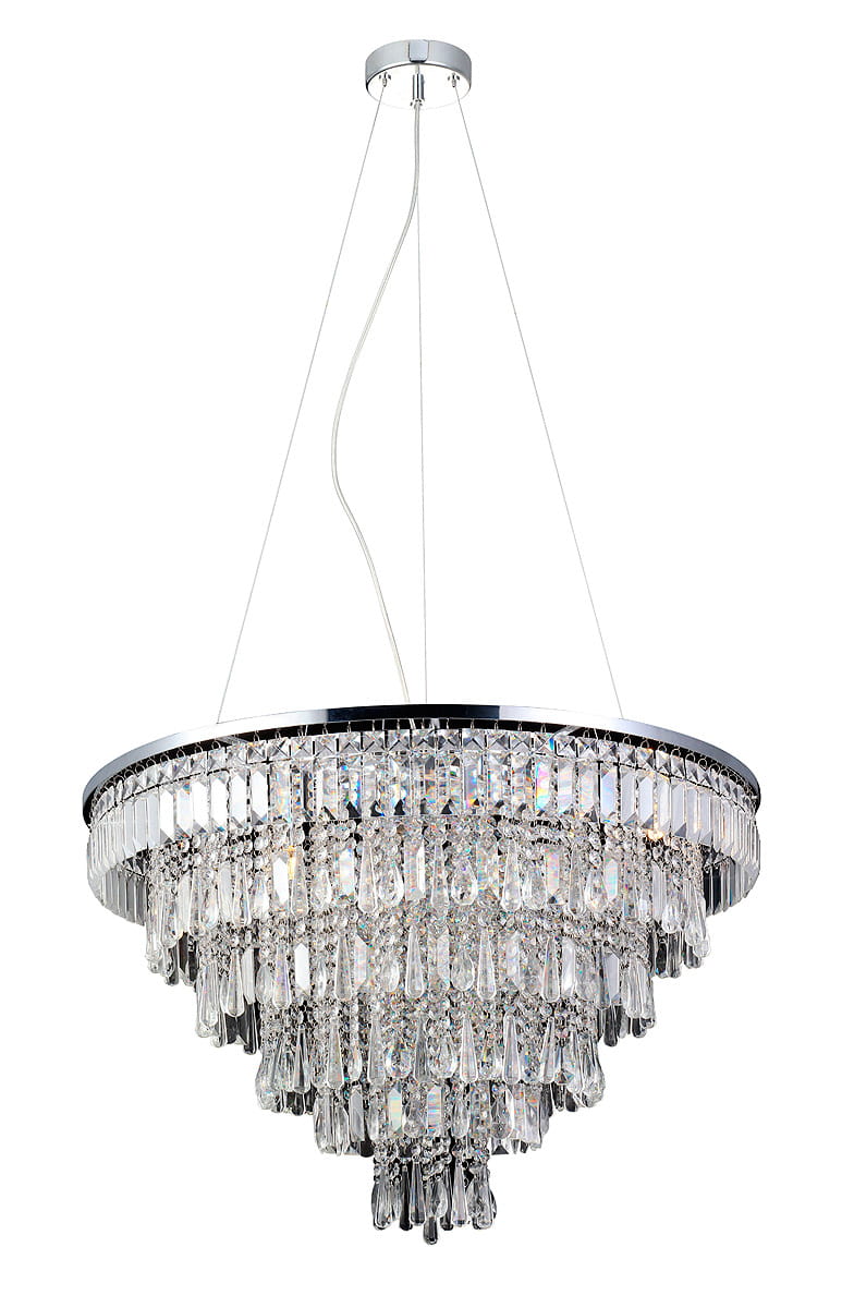 Lampa wisząca Kalabria 12-punktowa, o okrągłej chromowanej podstawie, z wieloma przezroczystymi kryształkami w kształcie kropli, zwisająca na cienkich żyłkach. Elegancka forma, idealna do nowoczesnych wnętrz, zawieszona w pionie.