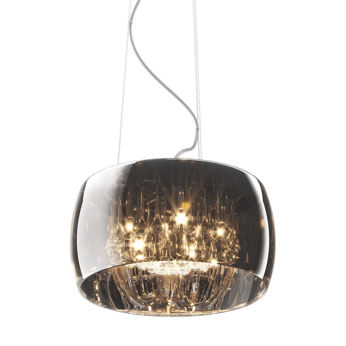 Lampa wisząca Crystal P0076-05L-F4FZ, 5-punktowa, o okrągłym, przezroczystym kloszu z subtelnym szarym odcieniem. Wnętrze zdobione błyszczącymi detalami, zawieszona na regulowanych linkach. Idealna do nowoczesnych wnętrz.
