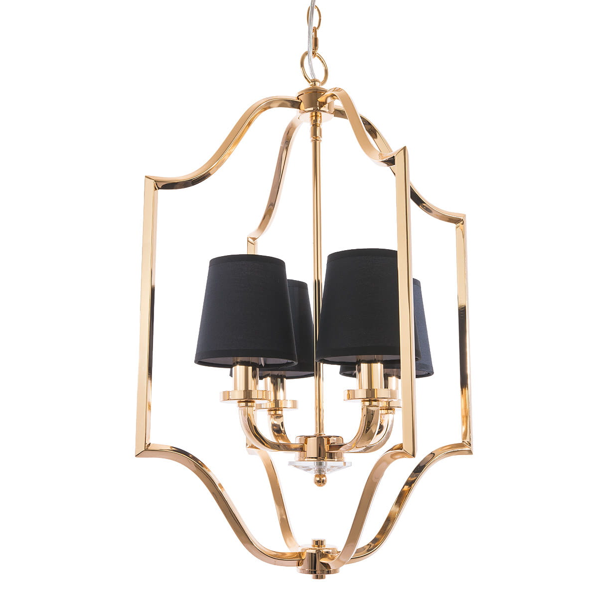 Lampa wisząca New York 4-punktowa w kolorze złotym, z czarnymi abażurami. Posiada elegancką, geometryczną konstrukcję z metalowymi detalami. Ujęcie frontalne, produkt zawieszony na łańcuchu, idealny do nowoczesnych wnętrz.