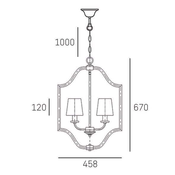 Lampa wisząca New York 4-punktowa w kolorze złotym. Kształt prostokątny z dwoma abażurami, zawieszona na łańcuchu. Wymiary: wysokość 1000 mm, szerokość 458 mm, długość 670 mm, wysokość kloszy 120 mm.
