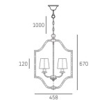 Lampa wisząca New York 4-punktowa w kolorze złotym. Kształt prostokątny z dwoma abażurami, zawieszona na łańcuchu. Wymiary: wysokość 1000 mm, szerokość 458 mm, długość 670 mm, wysokość kloszy 120 mm.