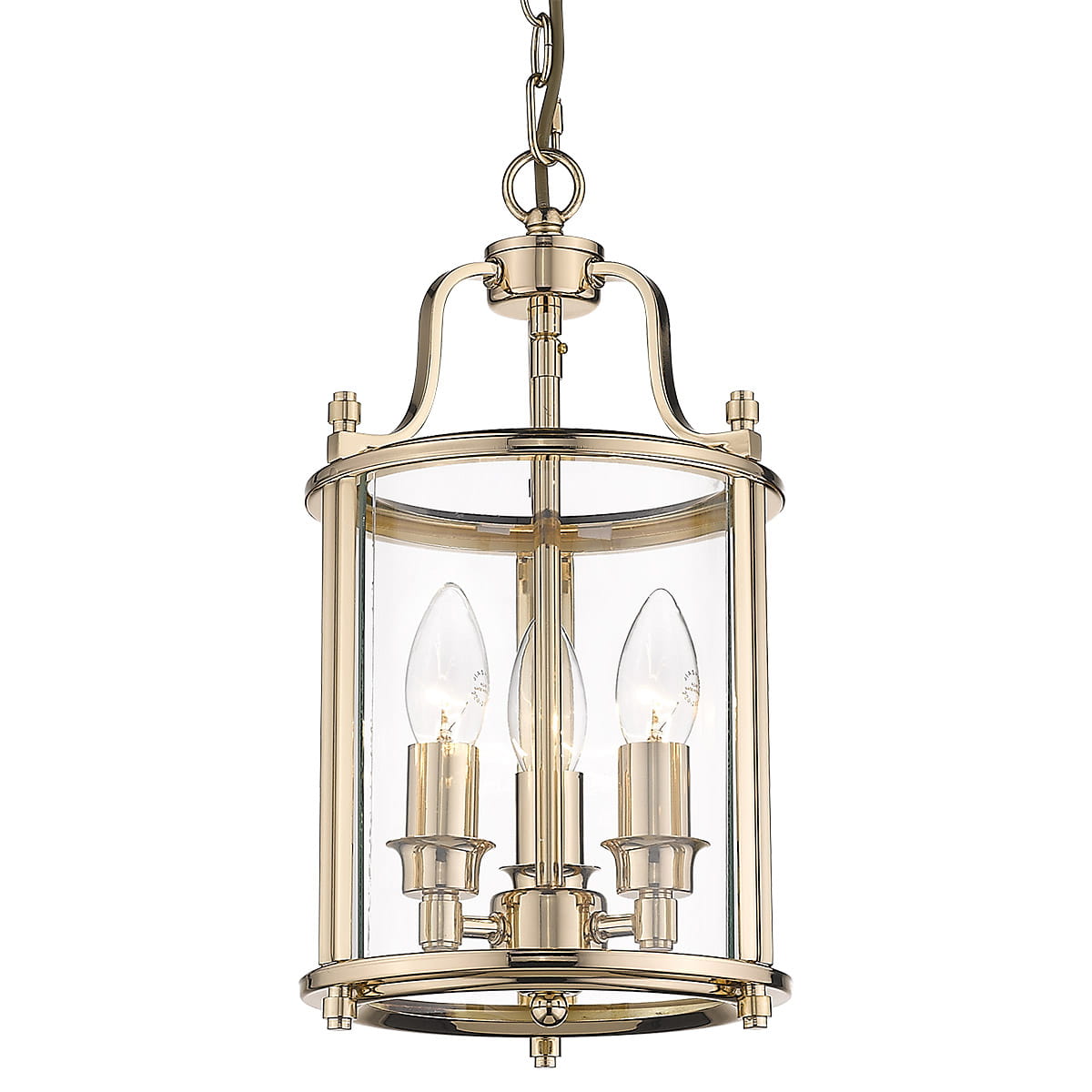 Lampa wisząca New York 3-punktowa w kolorze złotym, o cylindrycznym kształcie, z przezroczystymi ściankami i trzema źródłami światła w kształcie łzy. Zawieszona na łańcuchu, pełni funkcję eleganckiego oświetlenia.