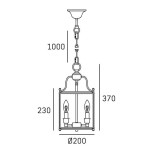 Lampa wisząca New York 3-punktowa w złotym kolorze. Okrągła podstawa o średnicy 200 mm, wymiary: wysokość 1000 mm, szerokość 370 mm, głębokość 230 mm. Posiada dwa źródła światła w stylowych oprawach. Zawieszona na łańcuchu.