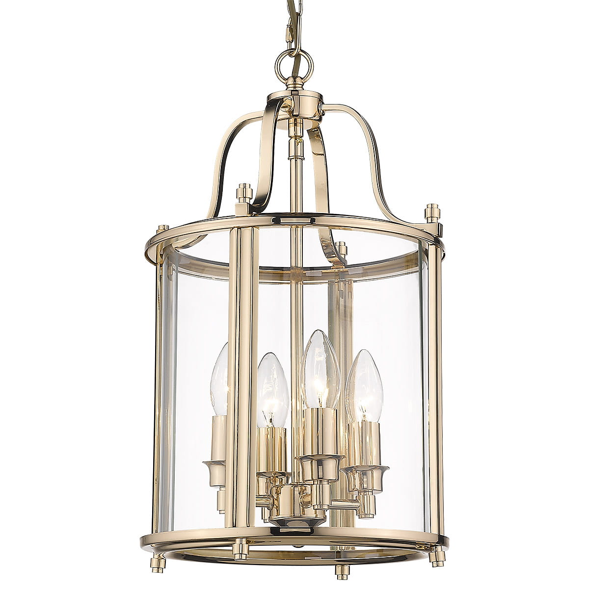 Lampa wisząca New York 4-punktowa w złotym kolorze, z przezroczystym kloszem, zawiera cztery żarówki w stylu świecy. Kształt cylindryczny, z metalową ramą, zawieszona na łańcuchu. Wysoka jakość wykonania, elegancki design.