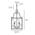 Lampa wisząca New York 4-punktowa w złotym kolorze, z prostokątnym kloszem, zawieszona na łańcuszku. Wymiary: wysokość 1000 mm, średnica 270 mm. Posiada dwa źródła światła umieszczone w szklanych osłonach.