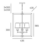 Lampa wisząca London 4-punktowa w kolorze chromu i czerni. Prosta konstrukcja z czterema kloszami w kształcie stożków. Wymiary: długość 435 mm, szerokość 435 mm, wysokość 565 mm. Umożliwia użycie żarówek o mocy do 300 W.