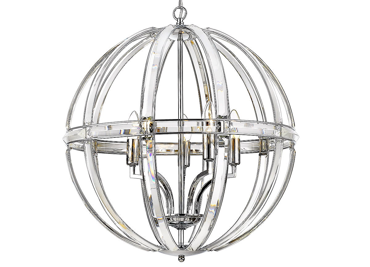 Lampa wisząca Orlando, pięciopunktowa, wykonana z chromu. Otwarta konstrukcja w formie kuli z przezroczystymi elementami. Widok z przodu, zawieszona na łańcuchu. Lampy w środku zapewniają oświetlenie w eleganckim stylu.