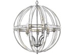 Lampa wisząca Orlando, pięciopunktowa, wykonana z chromu. Otwarta konstrukcja w formie kuli z przezroczystymi elementami. Widok z przodu, zawieszona na łańcuchu. Lampy w środku zapewniają oświetlenie w eleganckim stylu.