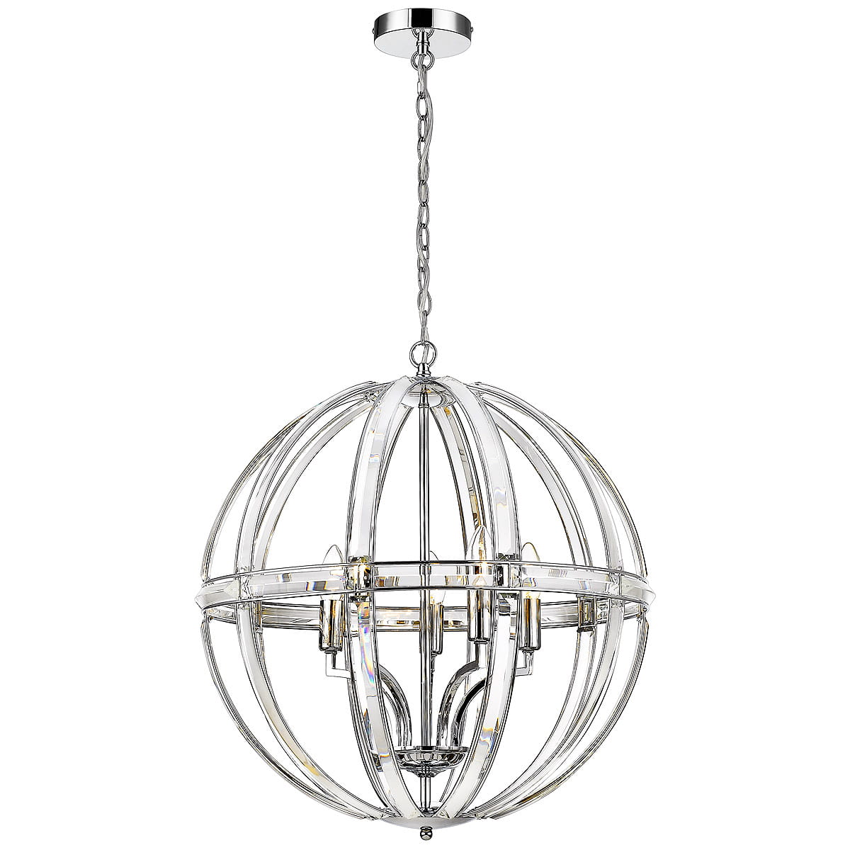 Lampa wisząca Orlando 5-punktowa o chromowanej konstrukcji w kształcie kuli, z przezroczystymi akcentami. Zawieszona na łańcuchu, z pięcioma źródłami światła wewnątrz. Doskonała do nowoczesnych wnętrz.