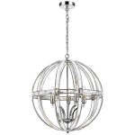 Lampa wisząca Orlando 5-punktowa o chromowanej konstrukcji w kształcie kuli, z przezroczystymi akcentami. Zawieszona na łańcuchu, z pięcioma źródłami światła wewnątrz. Doskonała do nowoczesnych wnętrz.