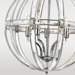 Lampa wisząca Orlando 5-punktowa, wykonana z przezroczystego szkła i metalu, z okrągłą, otwartą konstrukcją. Widoczne pięć miejsc na żarówki, z efektem odbicia światła. Ujęcie z dołu, ukazujące detale konstrukcji i elementy montażowe.