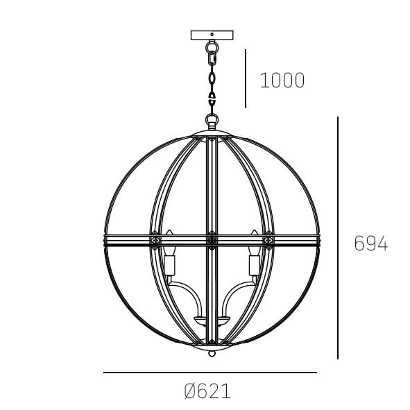 Lampa wisząca Orlando 5-punktowa, o okrągłej konstrukcji z metalowymi elementami. Wymiary: średnica 621 mm, wysokość 1000 mm. Zawiera pięć źródeł światła umieszczonych w eleganckich oprawach. Zawieszona na łańcuchu.
