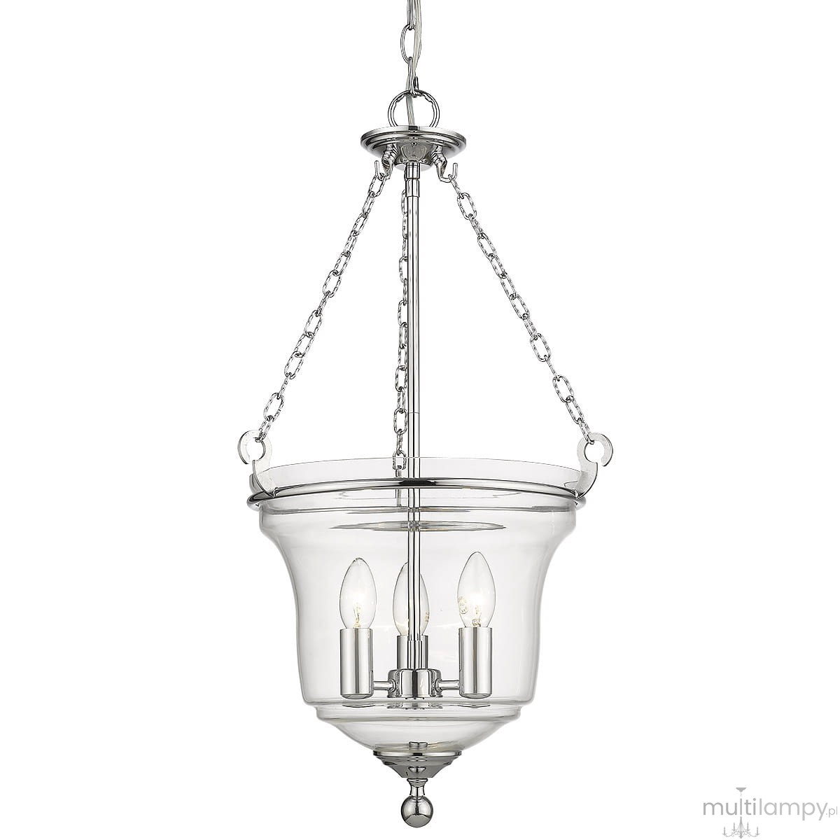Lampa wisząca Prague 3-punktowa, chromowana, z przezroczystym kloszem. Zawiera trzy żarówki w kształcie świec, wisząca na łańcuchach. Elegancki design, idealna do wnętrz.