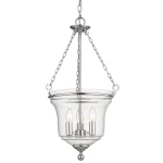 Lampa wisząca Prague 3-punktowa, chromowana, z przezroczystym kloszem. Zawiera trzy żarówki w kształcie świec, wisząca na łańcuchach. Elegancki design, idealna do wnętrz.