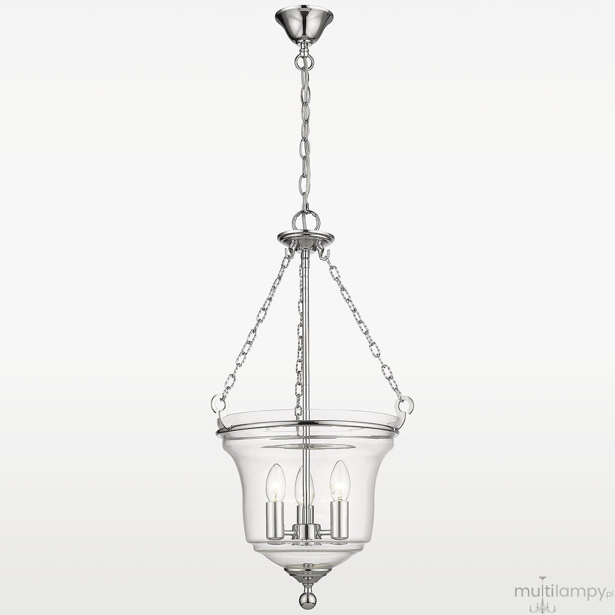 Lampa wisząca Prague 3-punktowa, z przezroczystym kloszem i metalowymi elementami w kolorze chromu. Posiada trzy żarówki w kształcie świec. Wisi na łańcuchu, z podwieszonym mocowaniem. Prosta, elegancka forma idealna do różnych wnętrz.