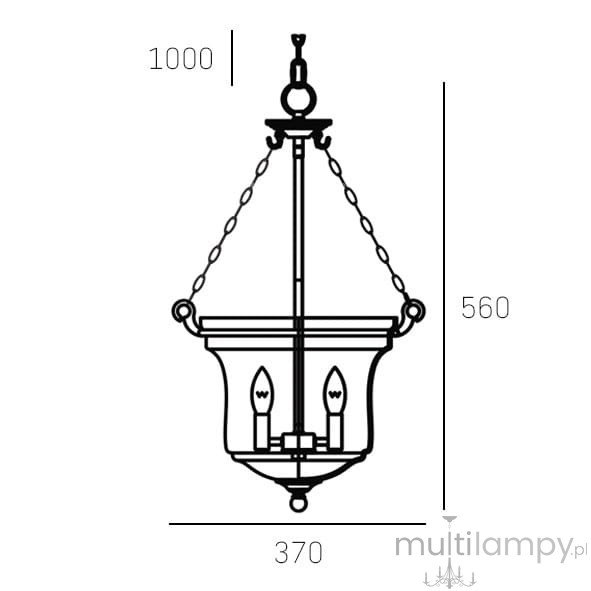 Lampa wisząca Prague 3-punktowa w kształcie okrągłym, z trzema miejscami na żarówki. Wymiary: wysokość 1000 mm, średnica 370 mm, długość 560 mm. Wykonana z materiałów metalowych, zawieszona na łańcuchu.