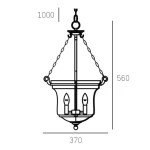 Lampa wisząca Prague 3-punktowa w kształcie okrągłym, z trzema miejscami na żarówki. Wymiary: wysokość 1000 mm, średnica 370 mm, długość 560 mm. Wykonana z materiałów metalowych, zawieszona na łańcuchu.