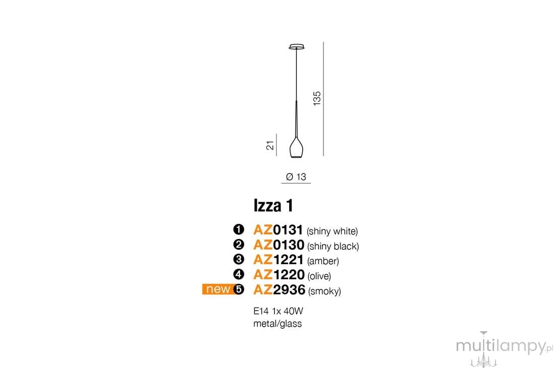 Lampa wisząca Izza w kolorze błyszczącej bieli, o wysokości 135 cm i średnicy 13 cm. Posiada metalowy trzon oraz szklany klosz. Ujęcie frontalne, wisząca, prezentuje prosty, nowoczesny design. W zestawie miejsce na żarówkę E14 max 40W.