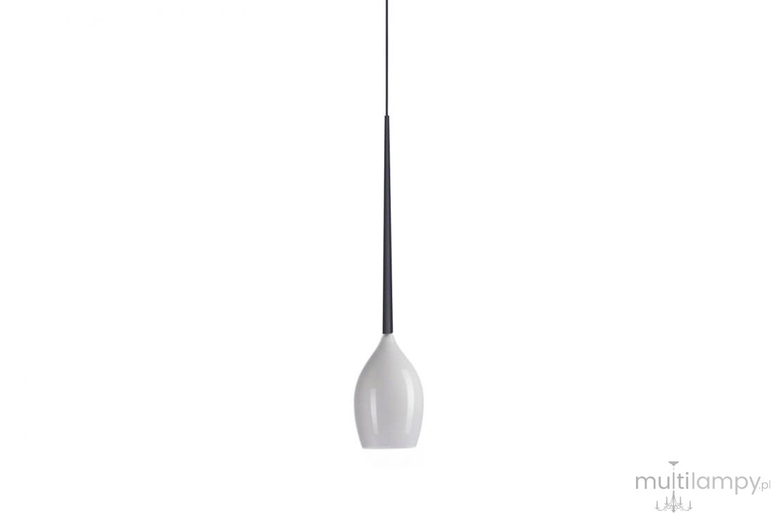 Lampa wisząca Izza 1-punktowa w kolorze białym, o kształcie lekko zwężającym się ku dołowi. Zawieszona na cienkim, czarnym kablu. Prosta forma, idealna do nowoczesnych wnętrz. Ujęcie frontalne, na jednolitym białym tle.