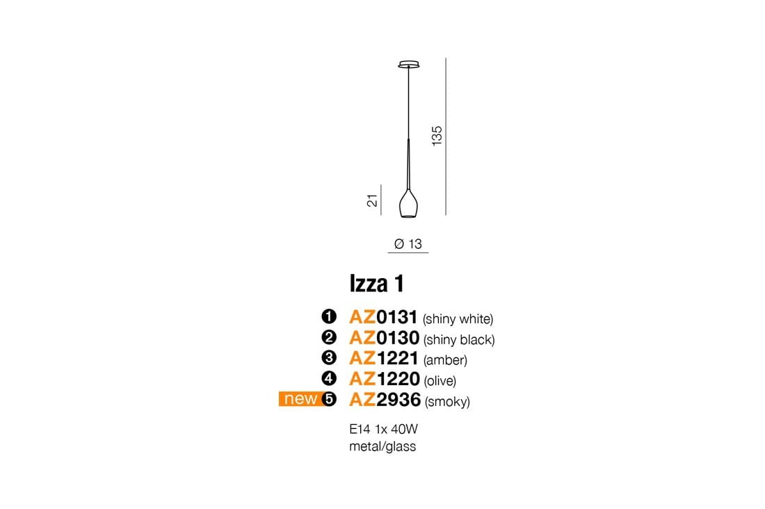 Lampa wisząca Izza 1-punktowa w dymionym kolorze, wykonana z metalu i szkła. Ma cylindryczny kształt, średnicę 13 cm i wysokość 135 cm. Używa żarówki E14 o mocy 40W. Ujęcie frontalne, na białym tle.