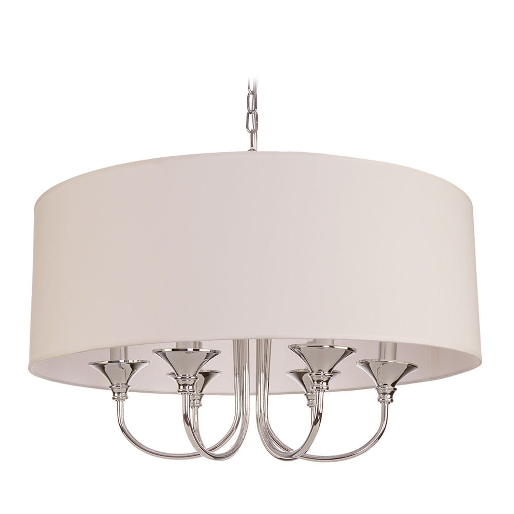 Lampa wisząca Abu Dhabi 6-punktowa w chromowanej oprawie z białym, okrągłym abażurem. Ujęcie z dołu, ukazujące sześć chromowanych ramion z kloszami w kształcie kielichów. Produkt zawieszony na łańcuszku.