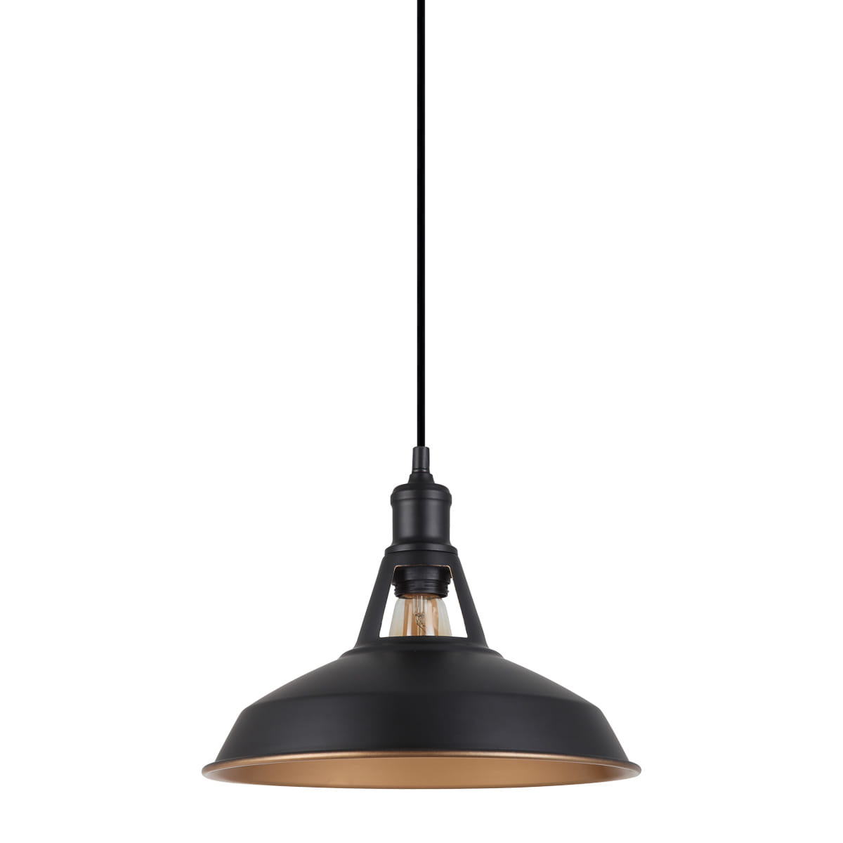 Czarna lampa wisząca Freya z metalowym kloszem, wykończona złotym wnętrzem. Ujęcie z dołu, wisząca na czarnym przewodzie. Prosta forma z widoczną żarówką, idealna do nowoczesnych wnętrz.