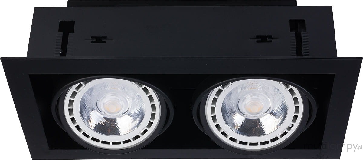Czarna lampa sufitowa Downlight ES111 z dwoma punktami świetlnymi, umieszczona w prostokątnej obudowie. Widoczne szklane klosze z metalowymi detalami, zapewniające kierunkowe oświetlenie. Produkt montowany w suficie, frontalne ujęcie.
