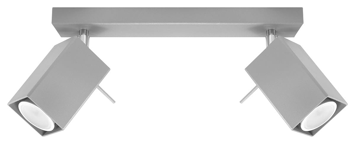 Lampa sufitowa Merida 2-punktowa w kolorze szarym z prostokątną podstawą. Dwa obracane reflektory w kształcie sześcianu, z białymi kloszami, zamontowane na płaskiej szynie. Idealna do oświetlenia wnętrz w nowoczesnym stylu.