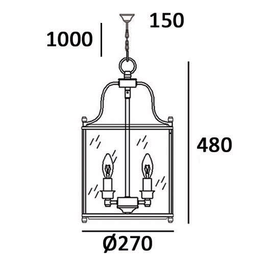 Lampa wisząca New York 4-punktowa, w kształcie prostokątnej klatki z przezroczystymi ściankami. Wymiary: wysokość 1000 mm, szerokość 270 mm, wysokość klosza 480 mm. Wyposażona w cztery żarówki, zawieszona na łańcuchu.