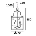 Lampa wisząca New York 4-punktowa, w kształcie prostokątnej klatki z przezroczystymi ściankami. Wymiary: wysokość 1000 mm, szerokość 270 mm, wysokość klosza 480 mm. Wyposażona w cztery żarówki, zawieszona na łańcuchu.