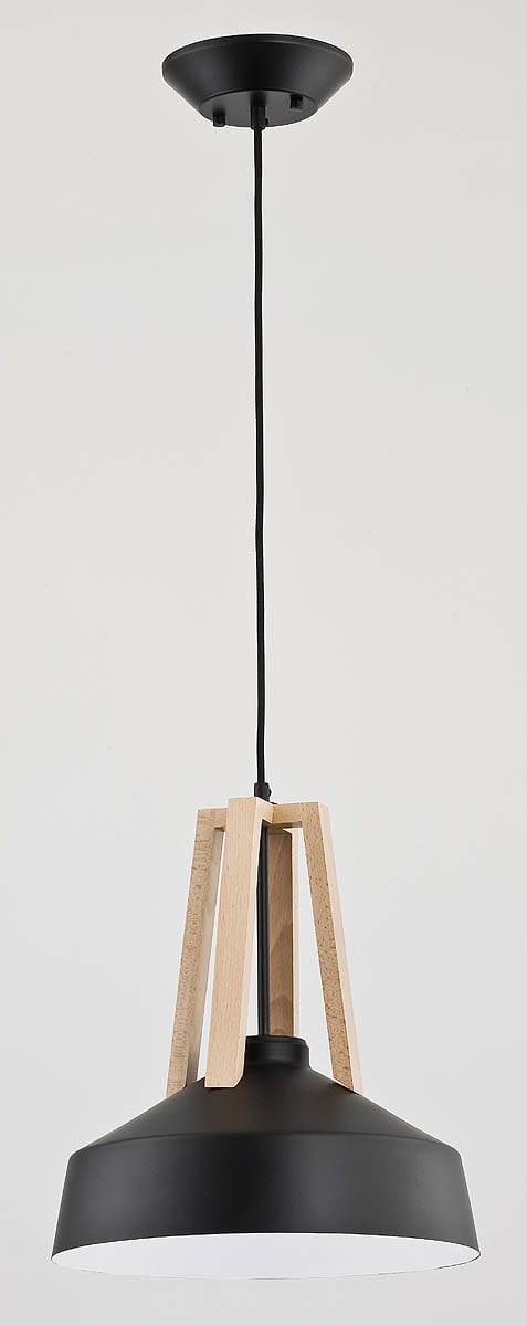 Lampa wisząca Drop 1-punktowa w kolorze czarnym z drewnianym trójnogiem. Posiada okrągły klosz z matowego metalu, z białym wykończeniem u dołu. Zawieszona na czarnym przewodzie, montowana na suficie. Prosty, nowoczesny design.