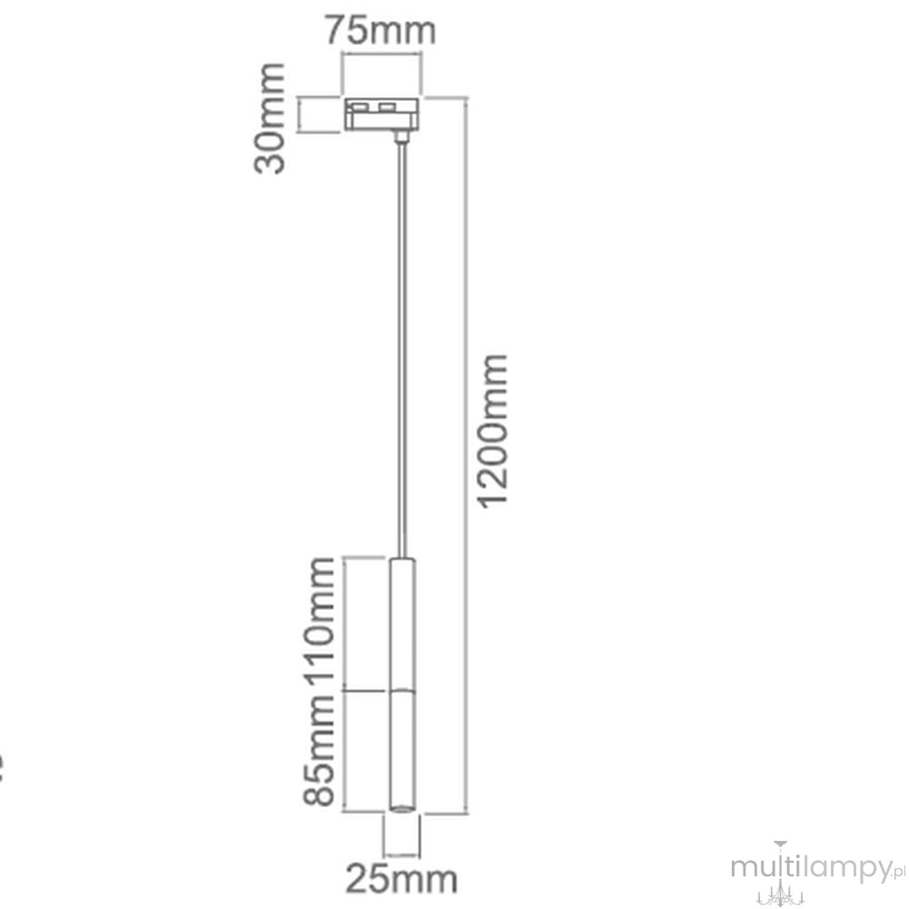 Lampa wisząca Track Slimi S w kolorze czarnym, z prostokątnym kloszem o wymiarach 25 mm średnicy i 110 mm długości. Zawieszona na cienkim przewodzie o długości 1200 mm, montowana do szyny. Prosta, minimalistyczna forma.