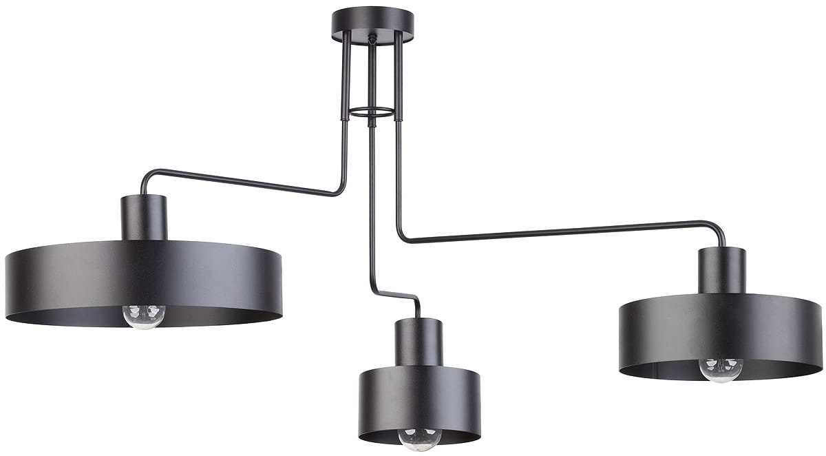 Czarna lampa sufitowa Vasco z trzema punktami świetlnymi. Konstrukcja z metalowymi kloszami w formie cylindrów, wisząca na cienkich rurkach. Ujęcie z góry, ukazujące równomierne rozłożenie źródeł światła.