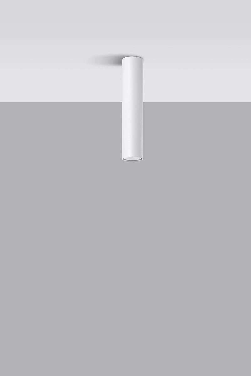 Lagos H30 to biała lampa sufitowa 1-punktowa o cylindrycznym kształcie, zamontowana na szarym tle. Ujęcie frontalne, ukazujące jej gładką fakturę i minimalistyczny design, idealna do nowoczesnych wnętrz.
