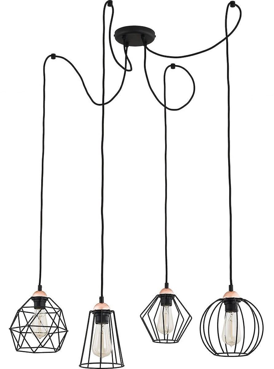 Lampa wisząca Galaxy 4-punktowa 1646 z czarnymi metalowymi kloszami w różnych kształtach (sześcian, diament, okrąg) zawieszona na długich przewodach. Elementy miedziane przy podstawach kloszy. Ujęcie z przodu, na białym tle.