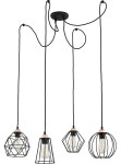 Lampa wisząca Galaxy 4-punktowa 1646 z czarnymi metalowymi kloszami w różnych kształtach (sześcian, diament, okrąg) zawieszona na długich przewodach. Elementy miedziane przy podstawach kloszy. Ujęcie z przodu, na białym tle.