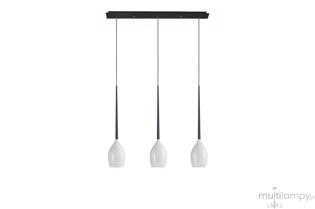 Lampa wisząca Izza 3-punktowa w kolorze białym z trzema zwisającymi kloszami o kształcie kropli. Klosze są zawieszone na cienkich czarnych linkach, montowane do prostokątnej podstawy. Prosty, nowoczesny design idealny do różnych wnętrz.