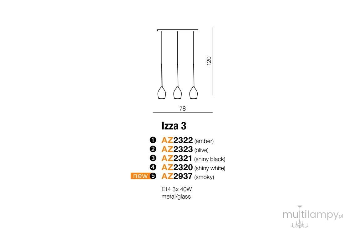 Lampa wisząca Izza 3-punktowa w kolorze czarnym, wykonana z metalu i szkła. Posiada trzy klosze w kształcie kul, zawieszone na cienkich linkach. Wymiary: wysokość 120 cm, szerokość 78 cm. Idealna do nowoczesnych wnętrz.