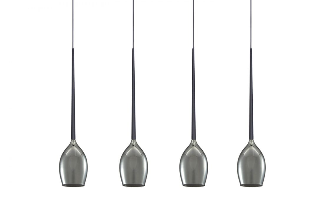 Lampa wisząca Izza 4-punktowa w dymionym kolorze z czarnymi przewodami. Składa się z czterech smukłych, kulistych kloszy o metalicznym wykończeniu, zawieszonych na równych wysokościach, idealna do nowoczesnych wnętrz.