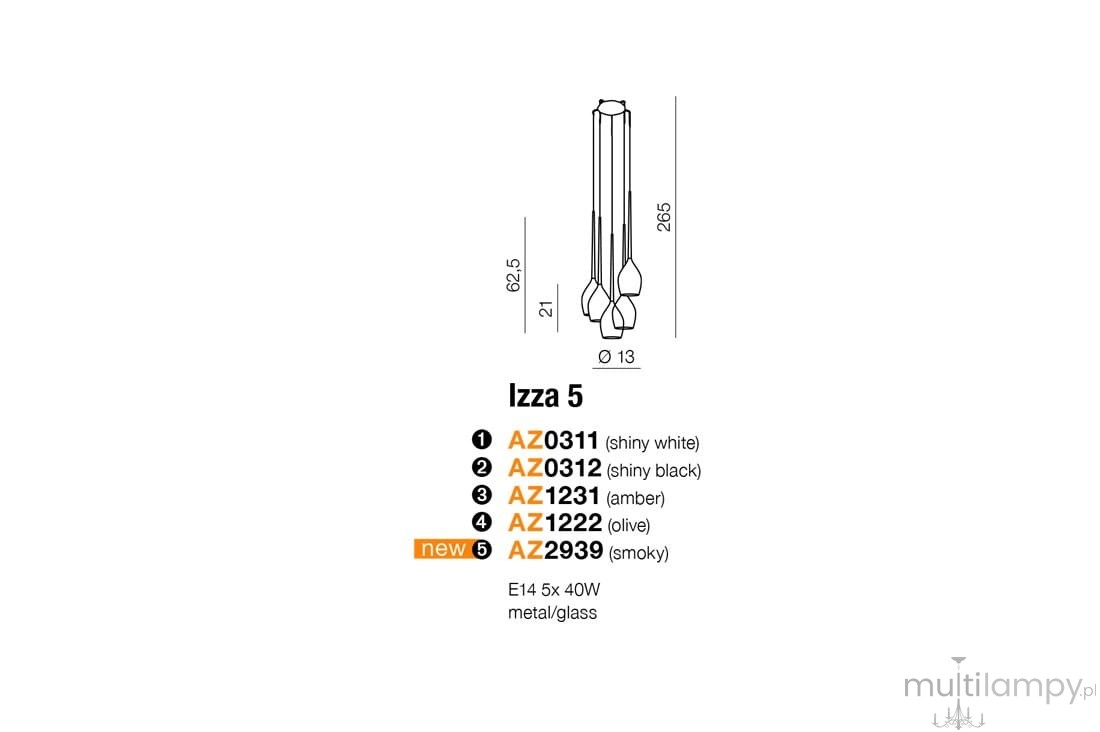 Lampa wisząca Izza 5-punktowa w kolorze białym, wykonana z metalu i szkła. Posiada pięć punktów świetlnych, z każdą oprawką o średnicy 13 cm. Wymiary: wysokość 265 mm, szerokość 62,5 mm. Prosty, elegancki design, idealna do nowoczesnych wnętrz.