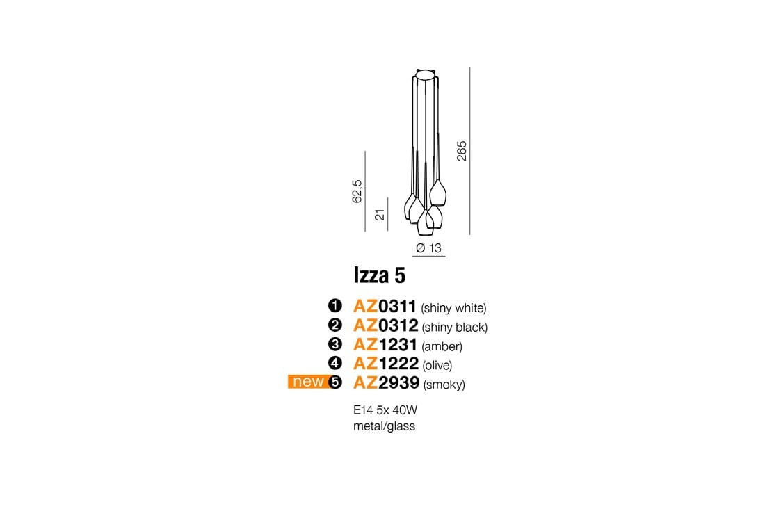Lampa wisząca Izza 5-punktowa AZ2939 w kolorze dymionym, wykonana z metalu i szkła. Posiada pięć punktów świetlnych, z widocznymi detalami w postaci zaokrąglonych kloszy. Wymiary: wysokość 265 mm, średnica 13 mm.