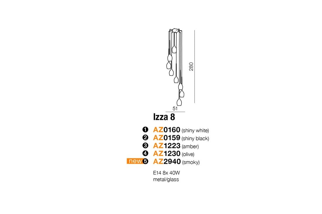 Lampa wisząca Izza 8-punktowa w kolorze dymionym (smoky), z metalowymi i szklanymi elementami. Ma prosty, nowoczesny kształt. Wymiary: wysokość 280 mm, średnica 51 mm. Przeznaczona do użycia z 8 żarówkami E14 o maksymalnej mocy 40W.