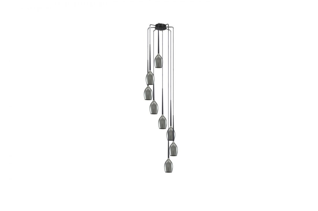 Lampa wisząca Izza, 8-punktowa, z dymionymi kloszami w kształcie łezek, zawieszona na cienkich linkach. Klosze mają metaliczny, szklany wykończenie, a całość zamontowana na okrągłej podstawie w kolorze czarnym. Idealna do nowoczesnych wnętrz.