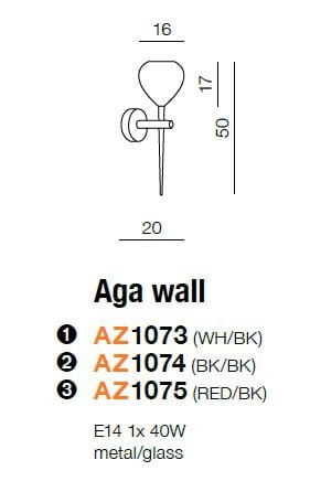 Aga kinkiet 1-punktowy w kolorze białym i czarnym, wykonany z metalu i szkła. Wymiary: 50 cm wysokości, 20 cm szerokości. Zawiera miejsce na żarówkę E14, maks. 40W. Projekt o minimalistycznym kształcie, montowany na ścianie.