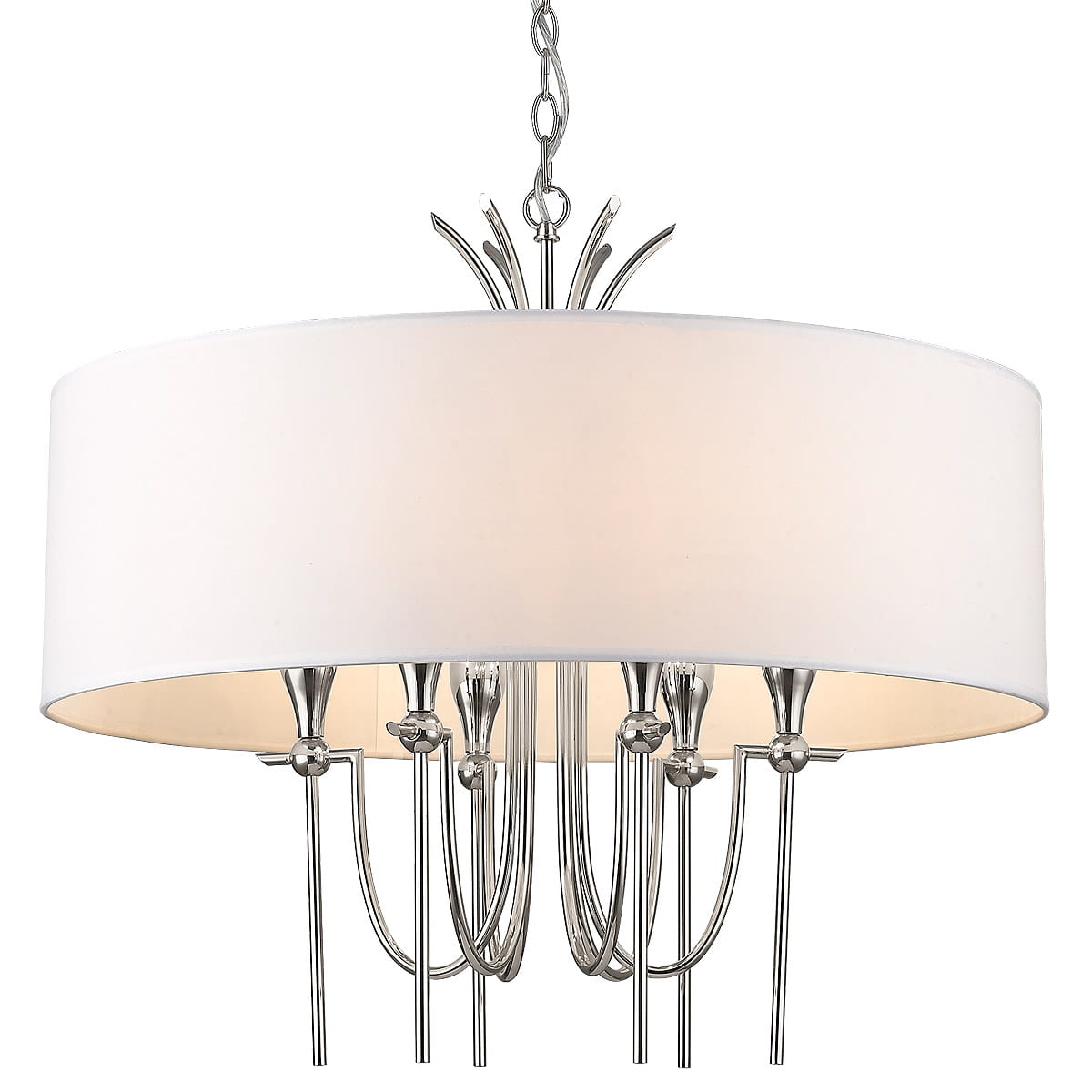 Lampa wisząca Las Vegas 6-punktowa w kolorze niklu, z białym okrągłym abażurem. Ujęcie z dołu, pokazujące szczegóły metalowych ramion i wykończenia. Lampa zawieszona na łańcuchu, idealna do nowoczesnych wnętrz.