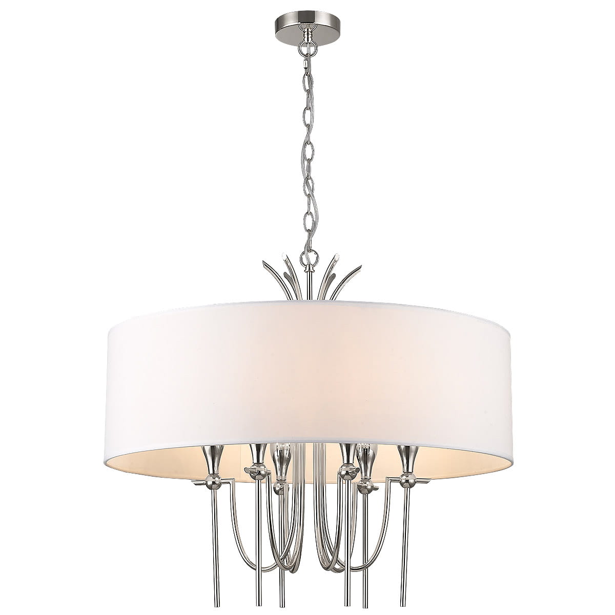 Lampa wisząca Las Vegas w kolorze niklowym, 6-punktowa. Okrągły klosz z białego materiału, metalowe ramiona z delikatnymi zdobieniami. Zawieszona na łańcuszku, elegancka forma. Idealna do nowoczesnych wnętrz.