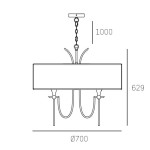 Lampa wisząca Las Vegas w kolorze niklu, 6-punktowa, z prostokątnym kloszem. Wymiary: średnica 700 mm, wysokość 1000 mm. Elementy zawieszenia z łańcucha. Frontalne ujęcie ukazuje szczegóły konstrukcji.