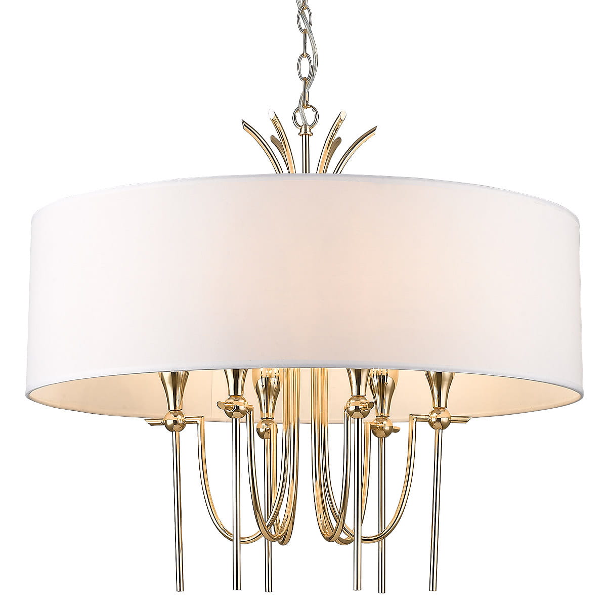 Złota lampa wisząca Las Vegas z sześcioma punktami świetlnymi, z okrągłym, białym kloszem i dekoracyjnymi detalami. Produkt zawieszony na łańcuchu, widok z dołu, ukazujący eleganckie linie i stylowy design.
