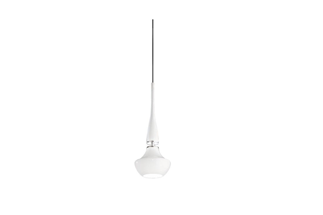 Lampa wisząca Tasos 1-punktowa w kolorze białym. Posiada elegancki, stożkowaty kształt z szklanym kloszem u dołu. Zawieszona na cienkim przewodzie, widoczna z przodu, idealna do nowoczesnych wnętrz.